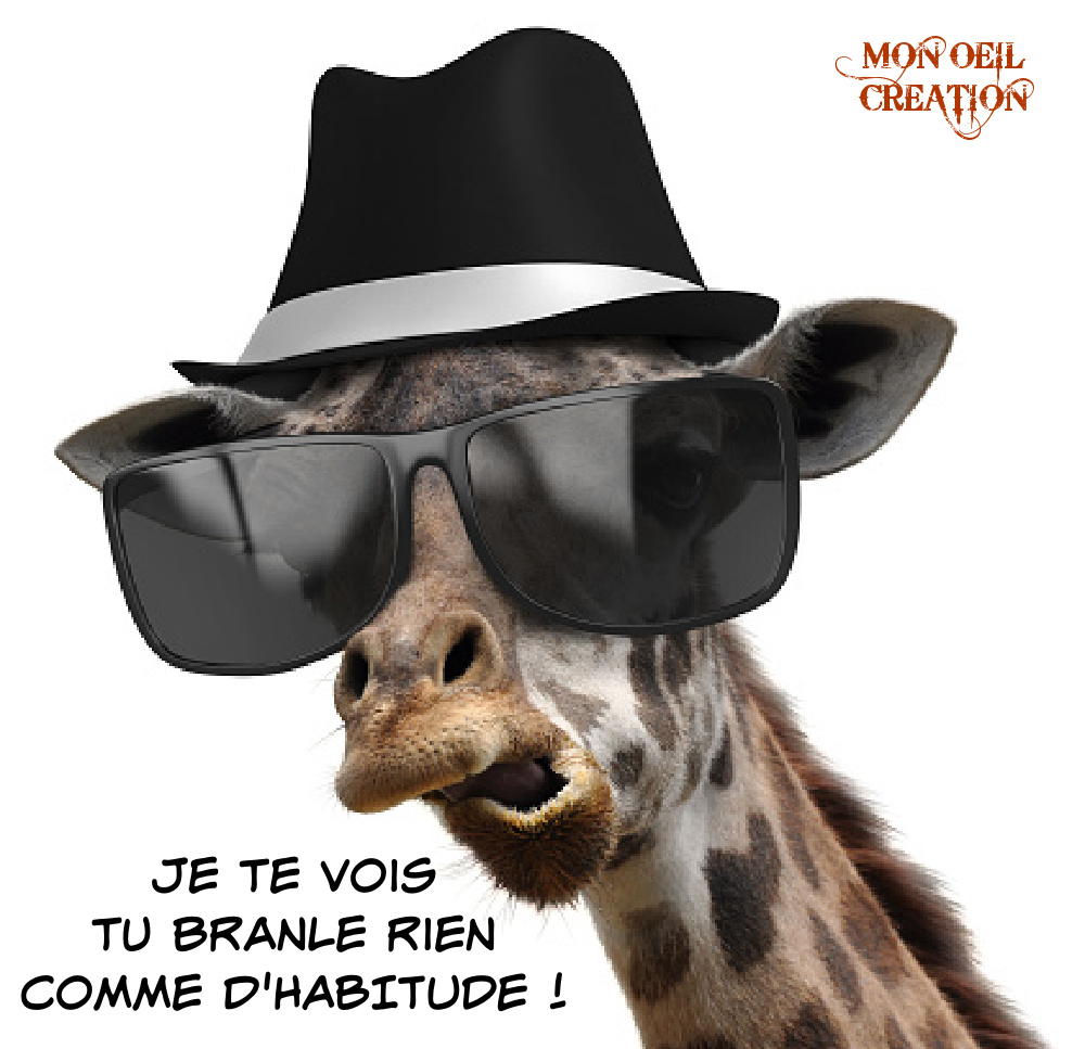 A humorous hipster giraffe wearing a fedora and huge shaded glasses